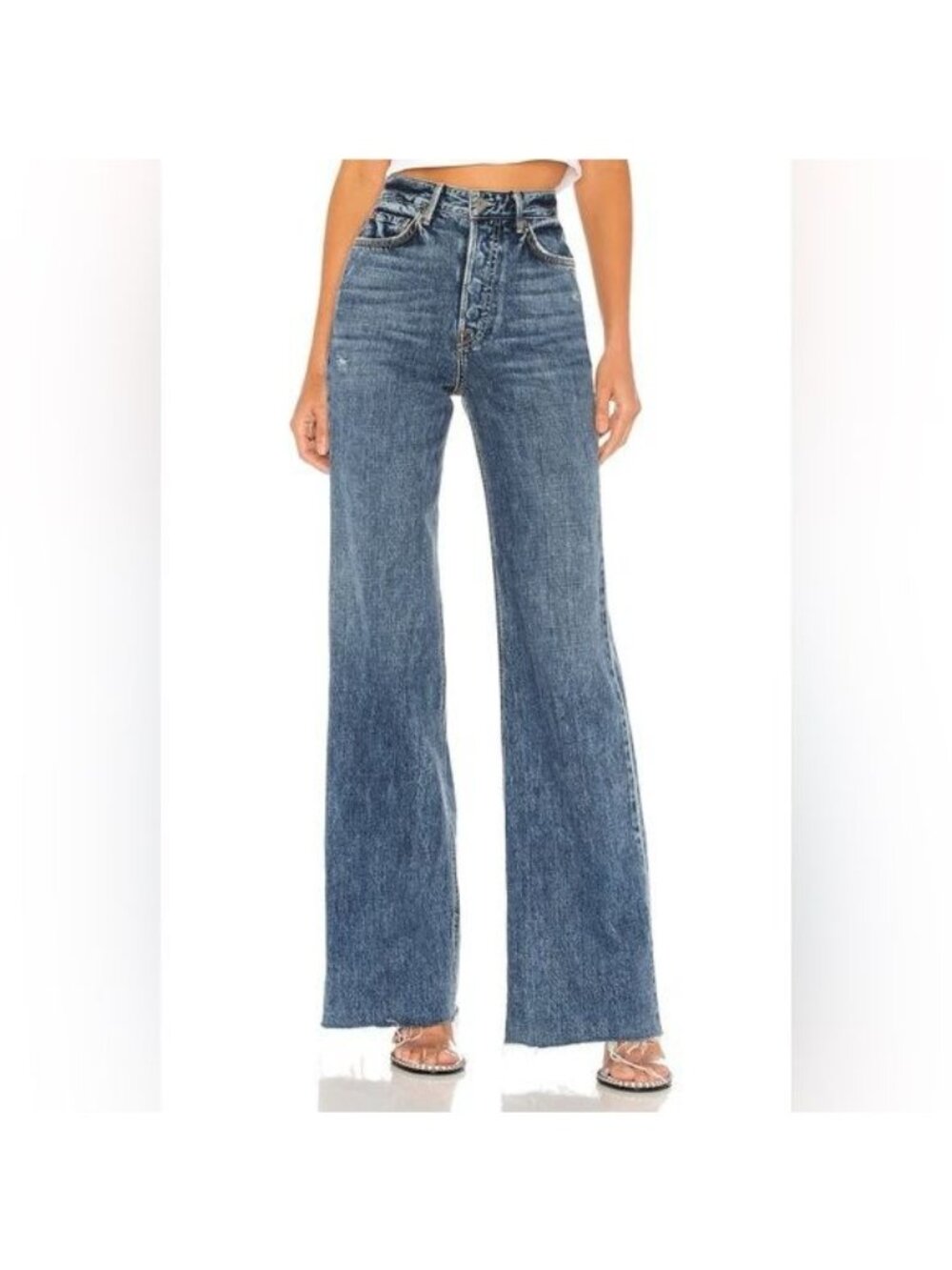 GRLFRND Carla Wide Leg Frayed Hem Denim Jeans